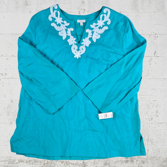 Talbots Teal Green Beaded Embroidered V Neck 3/4 Sleeve Linen Blouse Size Large - Picture 1 of 7